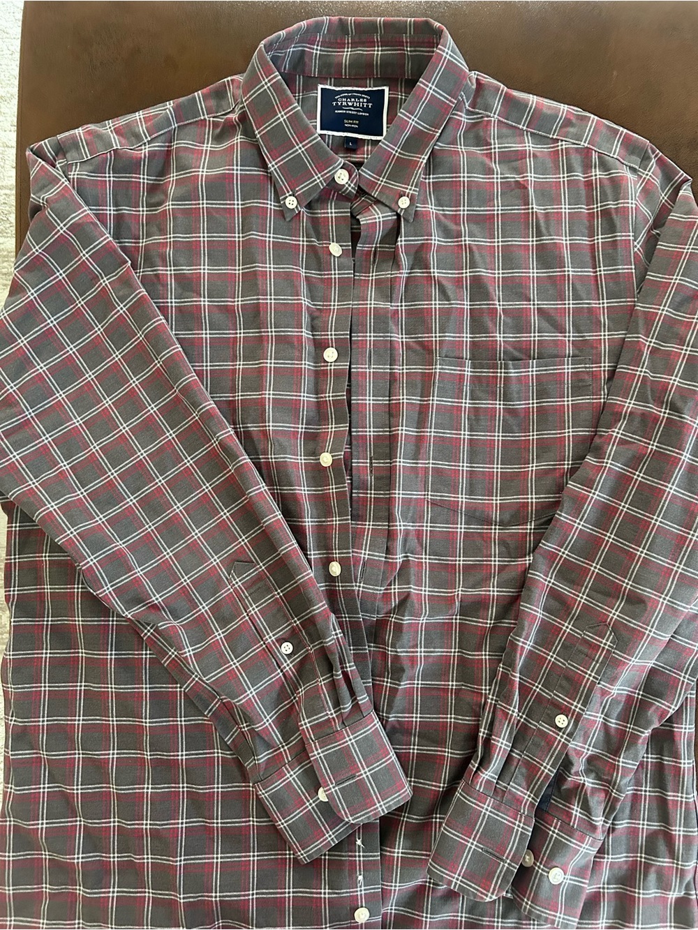 Charles Tyrwhitt Men’s Burgundy and Gray Plaid Button-Down Shirt